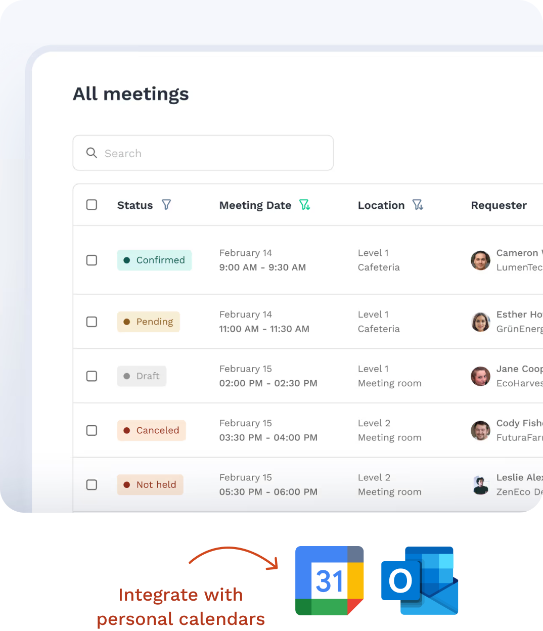 List of all meetings showing who requested the meeting and status. Integrate with personal calendars 