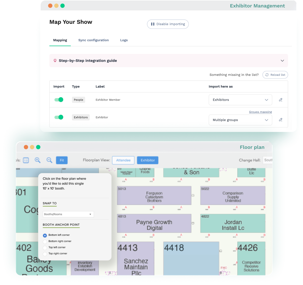 Swapcard and Map Your Show integration showing exhibitor management and interactive floor plan setup.
