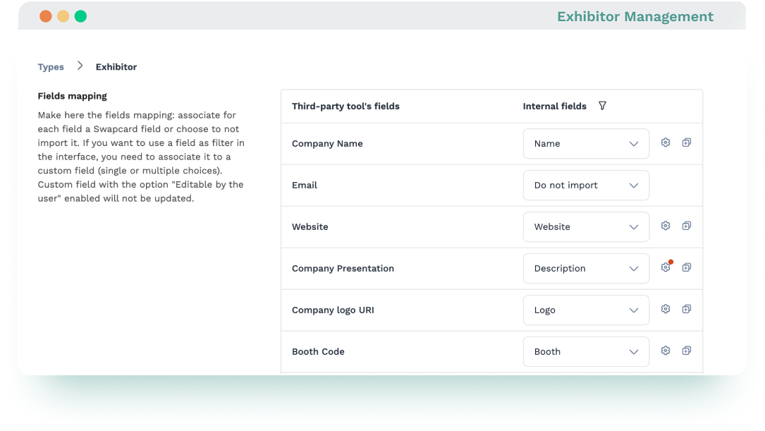 Field mapping interface in Swapcard + Map Your Show integration to match exhibitor data across platforms.