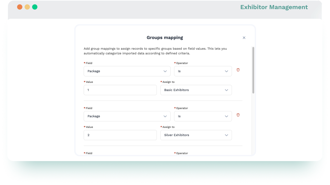 Group mapping in Swapcard + Map Your Show integration to categorize exhibitors by package for automated syncing.
